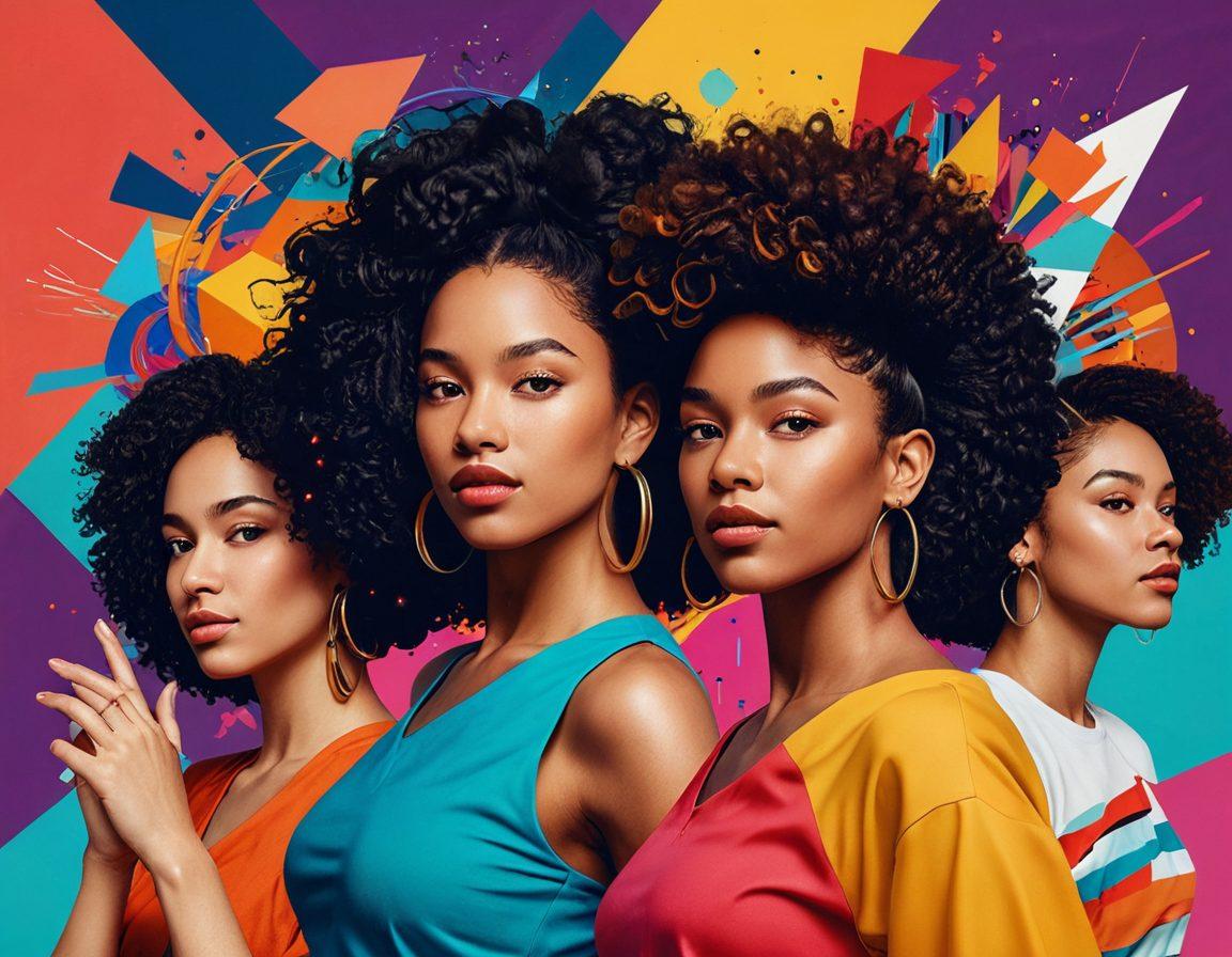 A vibrant digital collage showcasing diverse women of various ethnicities engaging in artistic activities like painting, dancing, and coding, amidst abstract shapes and colors symbolizing empowerment. The backdrop features empowering quotes in stylish typography, blending seamlessly with the artwork. The overall atmosphere exudes creativity and strength, celebrating female representation in digital art spaces. surrealism. vibrant colors. 3D elements.