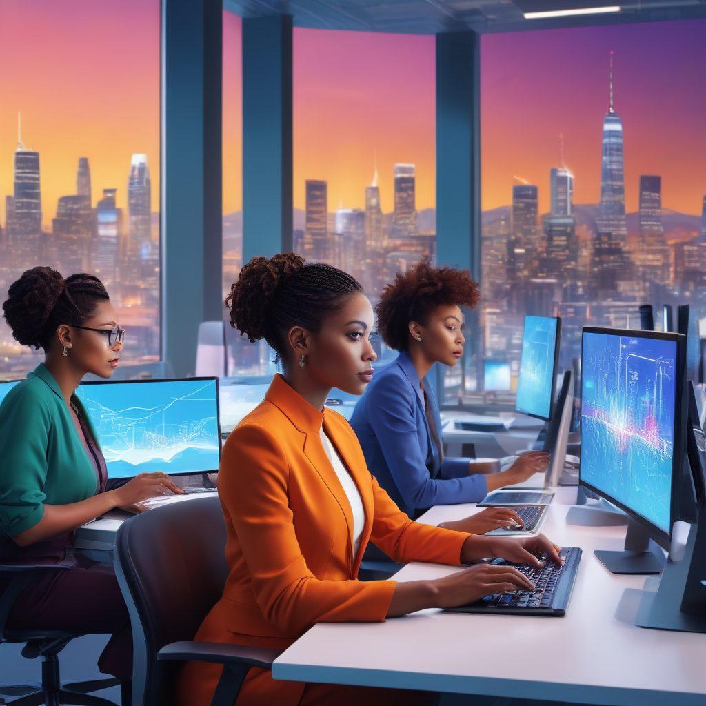 A vibrant illustration of a diverse group of dynamic women collaborating in a high-tech workspace, surrounded by futuristic gadgets, screens displaying coding and tech innovations, and a city skyline in the background, symbolizing empowerment and creativity in technology. super-realistic. vibrant colors. modern design.