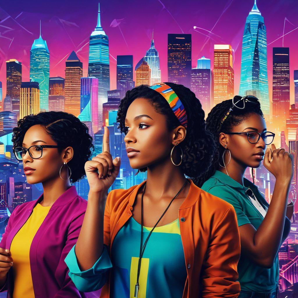 A dynamic digital art collage showcasing diverse women creatives, each engaging with technology like coding, graphic design, and virtual reality. The background features a vibrant city skyline with symbols of empowerment like raised fists and light bulbs. Colorful geometric shapes intertwine through the scene, representing innovation and creativity. The overall mood is inspiring and energetic, celebrating female empowerment in tech. vibrant colors. super-realistic. digital art.